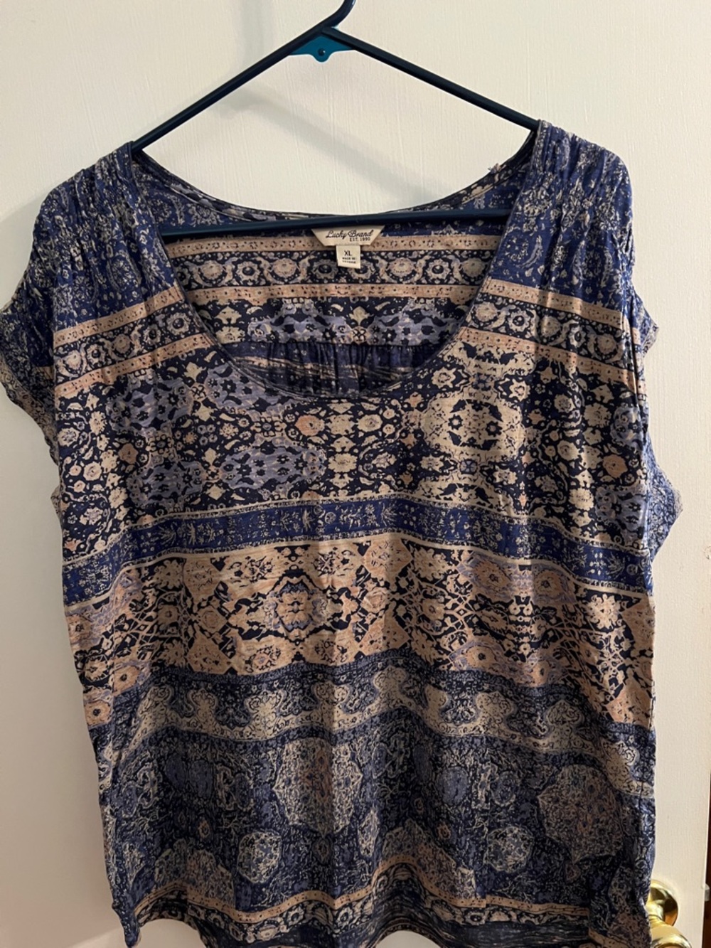 Lucky Brand Navy and Tan Printed Scoop-Neck Blouse